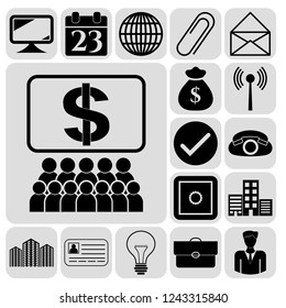 Set of 17 business high quality icons or symbols. Collection. Flat design. Vector Illustration.