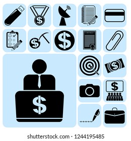 Set of 17 business high quality icons or symbols. Collection. Flat design. Vector Illustration.