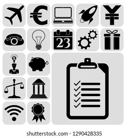 Set of 17 business high quality icons or symbols. Collection. Flat design. Vector Illustration.