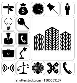 Set of 17 business high quality icons or symbols. Collection. Flat design. Vector Illustration.