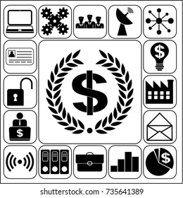 Set of 17 business high quality icons or symbols. Collection. Flat design. Vector Illustration.