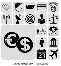 Set of 17 business high quality icons or symbols. Collection. Flat design. Vector Illustration.