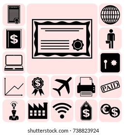 Set of 17 business high quality icons or symbols. Collection. Flat design. Vector Illustration.