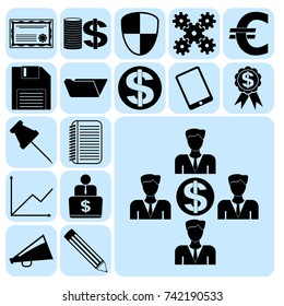 Set of 17 business high quality icons or symbols. Collection. Flat design. Vector Illustration.