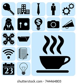 Set of 17 business high quality icons or symbols. Collection. Flat design. Vector Illustration.