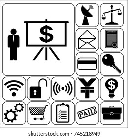 Set of 17 business high quality icons or symbols. Collection. Flat design. Vector Illustration.