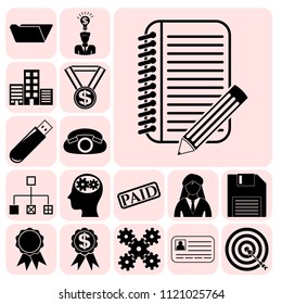 Set of 17 business icons or symbols. Collection. Flat design. Vector Illustration.