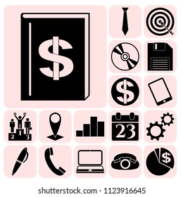Set of 17 business icons or symbols. Collection. Flat design. Vector Illustration.