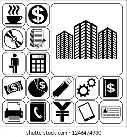 Set of 17 business icons, symbols or pictograms. Collection. Flat design. Vector Illustration.