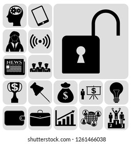 Set of 17 business icons, symbols or pictograms. Collection. Flat design. Vector Illustration.