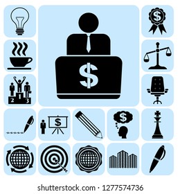 Set of 17 business icons or symbols. Collection. Detailed design. Vector Illustration.