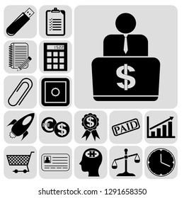 Set of 17 business icons, symbols or pictograms. Collection. Detailed design. Vector Illustration.