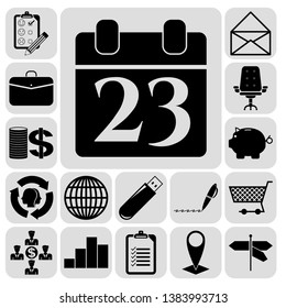Set of 17 business icons, symbols or pictograms. Collection. Flat design. Vector Illustration.