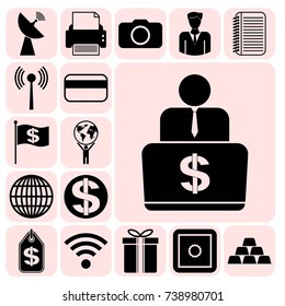 Set of 17 business icons or symbols. Collection. Flat design. Vector Illustration.