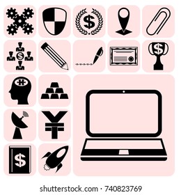 Set of 17 business icons or symbols. Collection. Detailed design. Vector Illustration.