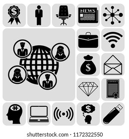 Set of 17 business symbols of icons. Collection. Detailed design. Vector Illustration.