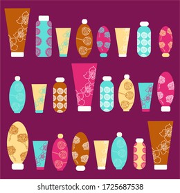 A set of 17 images of cosmetics for skin or hair care. For websites, banners of cosmetic stores, packaging. Cute, unusual design. Vector graphics.