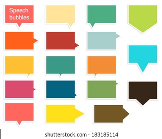 Set of 17 isolated flat speech bubbles in different shapes and colors with shadow