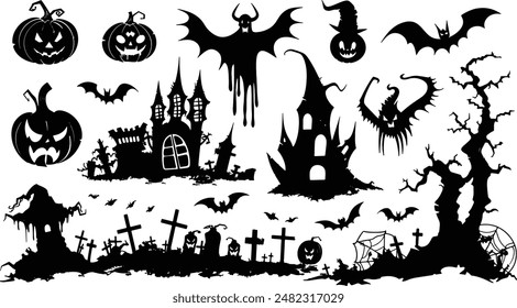 Set of 17 isolated Halloween decorations in silhouette illustration style of Jack o'lantern, bat, haunted house and tree on transparent background. Volume 2.