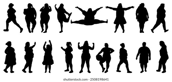 Set of 17 item woman obesity silhouette vector illustration