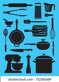 Set of 17 kitchenware illustrations.
Collage or pattern of simplified silhouette vector designs showing a variety of kitchen or chef tools.