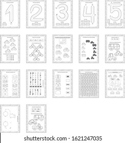 Set of 17 Math and logic worksheets for kids. Number recognition, count up to 5. 1, 2, 3, 4. Play cars and learn mathematics. For kindergarden and homeschooling. For children 2 to 5. Black and white.
