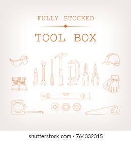 Set of 17 orange tool box items that a handyman or workman might use, including hammer, level, work gloves, hard hat, boots, saw and tape measure