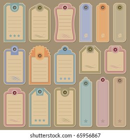 Set of 17 ornate vintage tags, vector illustration. Blank frames of various shapes. Elegant label backgrounds. Simple retro elements for your design.
