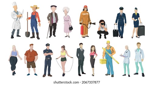 Conjunto de 17 personas de diferentes profesiones con antecedentes blancos - Ilustración vectorial