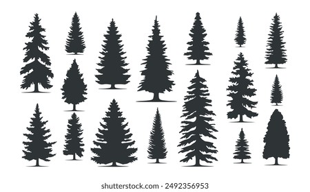 A set of 17 pine tree silhouettes in various sizes and shapes, outlined in black against a white background.