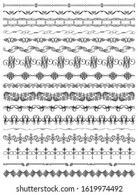 Set of 17 vector calligraphic ornate classic antique style ornaments. Line borders, frames, dividers, motifs. Isolated vintage decor elements of Victorian ornament for custom design