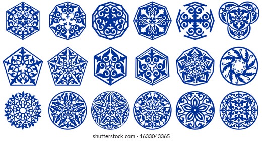 Set of 17 vector round and polygonal elements and motifs of Kazakh, Kyrgiz, Uzbek, Turk national Islamic ornament for custom logo and print design. Isolated on white background. Stock illustration.