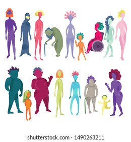 Set of 17 very different people. Age, gender, body type, social diversity vector illustration. Women, men, old people, kids, overweight and skinny person, disabled person in bright textured flat style