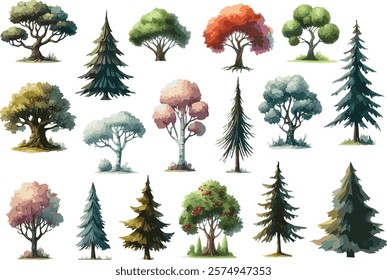 Set of 17 watercolor painted vector illustrations of colorful conifers and broadleaved trees each isolated on white background
