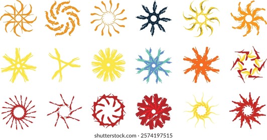 Set of 18 abstract and colorful star-like circular shapes