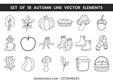 Set of 18 autumn line vector elements. Vector illustration with autumn theme.