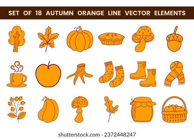 Set of 18 autumn orange line vector elements. Vector illustration with autumn theme.