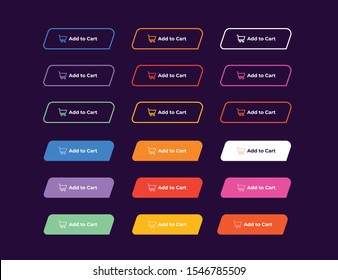 Set of 18 beautiful neon buttons. Colorful and shiny trendy neon buttons. Modern glowing buttons to use on websites, mobile apps and video games. Stroke and flat buttons isolated on dark background.