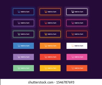 Set of 18 beautiful neon buttons. Colorful and shiny trendy neon buttons. Modern glowing buttons to use on websites, mobile apps and video games. Stroke and flat buttons isolated on dark background.