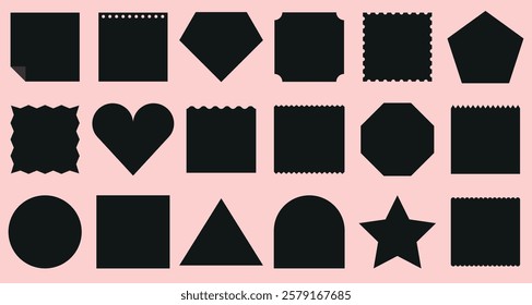 Set of 18 black geometric shapes on a pink background. Includes circle, star, heart, triangle, and more. Shapes for design, geometric shapes for creativity. Memo element vector set.