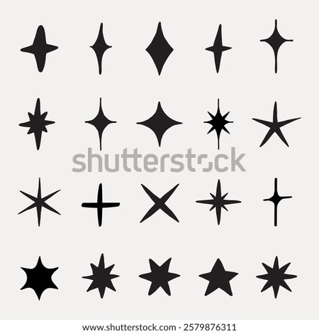 Set of 18 black star icons in various shapes. Star shapes include crosses, diamonds, and asterisks. Simple black star icons for design use. Element vector set.