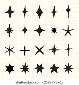Set of 18 black star shapes on a grid background. Various star designs include pointed, rounded, and abstract stars. Perfect for star-themed projects. Element vector set.