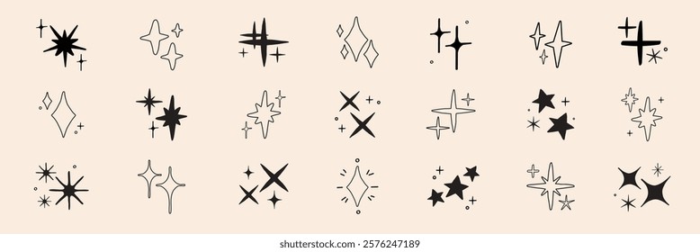 Set of 18 black star and sparkle icons. Stars and sparkles in various shapes. Decorative star and sparkle designs. Perfect for star-themed projects. Element vector set.