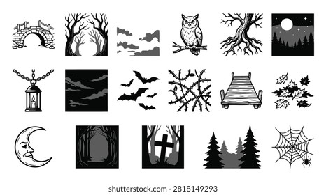 Set of 18 black and white Halloween icons and spooky landscape elements featuring bats, graveyard cross, spider web, owl, crescent moon, hanging lantern, and dark forest scenery.