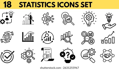 Set of 18 black and white vector icons representing statistics, research, and data analysis illustration vector 