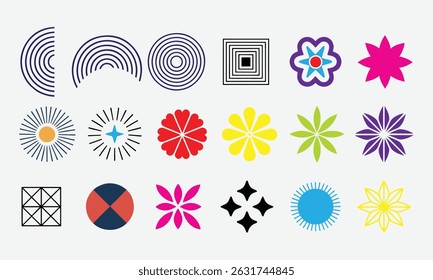 Set of 18 Brutalist Abstract Geometric Shapes and Grids, Colorful Vector Style on White Background
