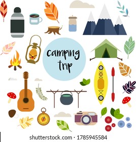 set of 18 camping objects: tent, mountains, guitar, stump, thermos, lamp, fire, clouds, leaves, mushrooms, berries, compass, water bottle, mug, pot, kayak with paddle, camera, fern.
