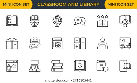 Conjunto de 18 iconos web de clase y Biblioteca en el icono de espacio de estudio de estilo de línea, insignia de área tranquila, etiqueta de Biblioteca, archivo de estudio de grupo, tablero de entorno de clase, tabla de sala de estudio. Paquete de iconos de contorno delgado. Ilustración vectorial