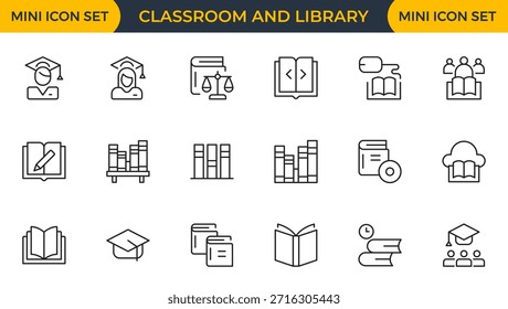 Conjunto de 18 iconos web de clase y Biblioteca en el icono de espacio de estudio de estilo de línea, insignia de área tranquila, etiqueta de Biblioteca, archivo de estudio de grupo, tablero de entorno de clase, tabla de sala de estudio. Paquete de iconos de contorno delgado. Ilustración vectorial
