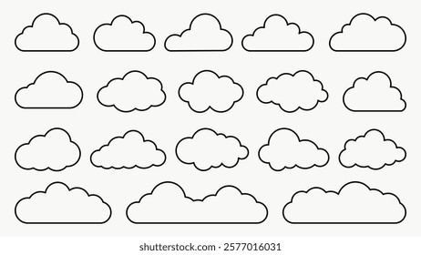 Set of 18 cloud outlines, various shapes and sizes. Cloud designs for weather, sky, and nature themes. Simple cloud outlines for creative projects. Weather illustration, vector set.